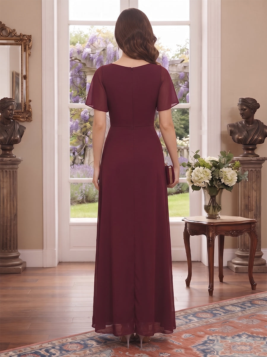 Sheath/Column V-Neck Short sleeves Ankle-Length Mother of the Bride Dresses with Split Side &amp; Ruffles