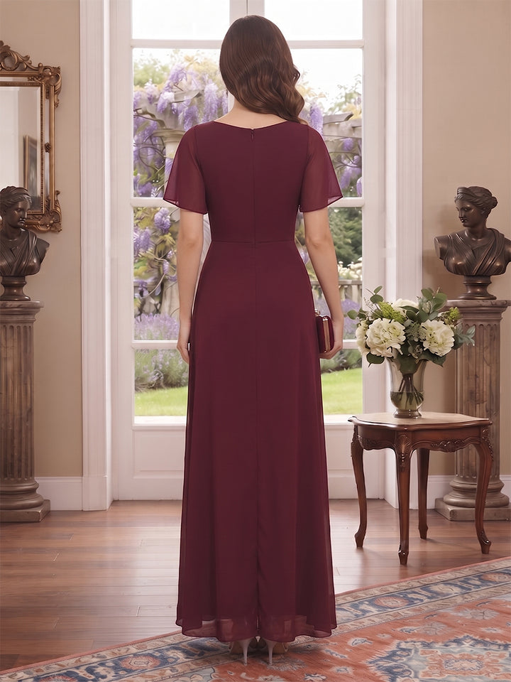 Sheath/Column V-Neck Short sleeves Ankle-Length Mother of the Bride Dresses with Split Side &amp; Ruffles