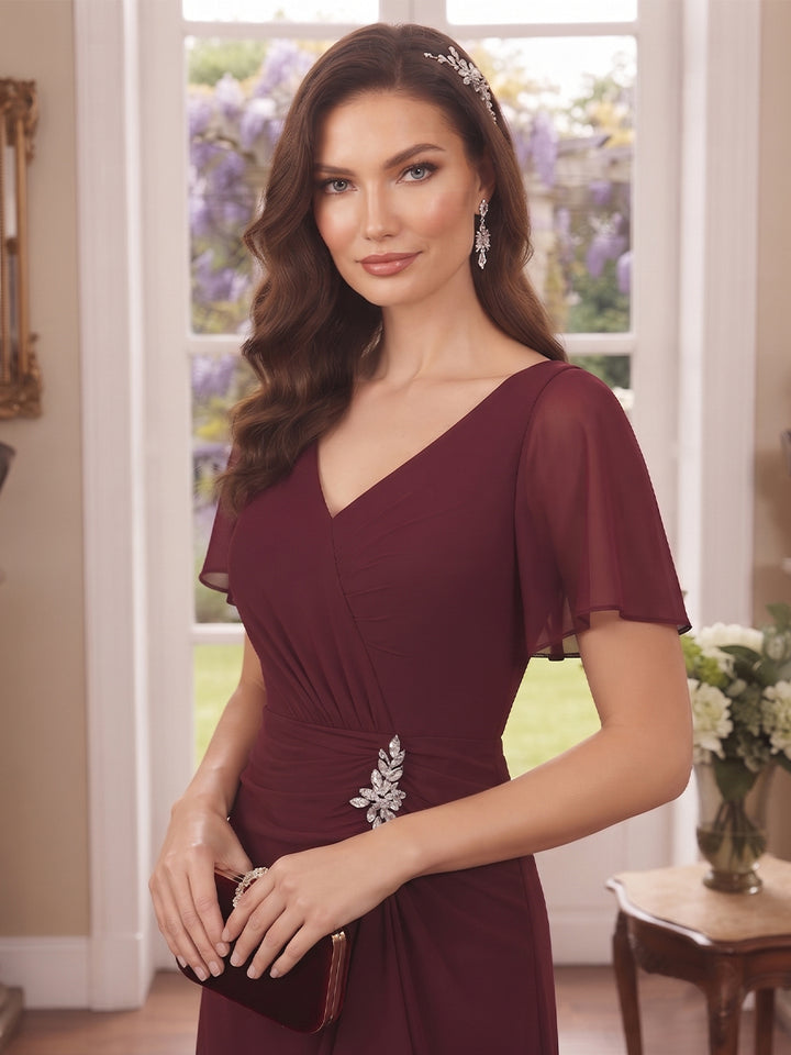Sheath/Column V-Neck Short sleeves Ankle-Length Mother of the Bride Dresses with Split Side &amp; Ruffles