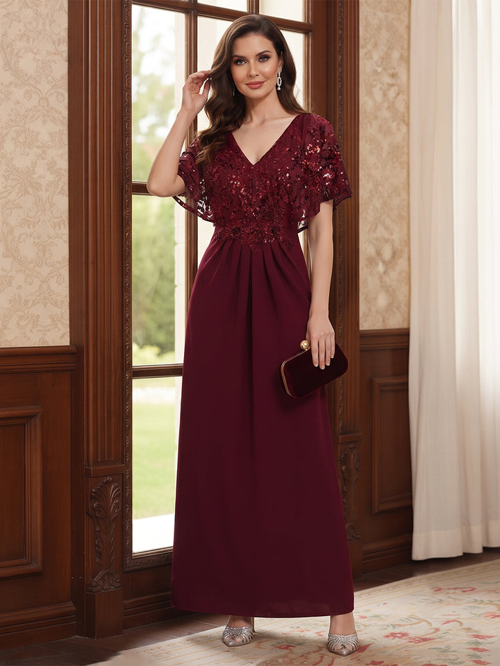 A-Line/Princess V-Neck Short Sleeves Floor-Length Mother of the Bride Dresses with Sequins