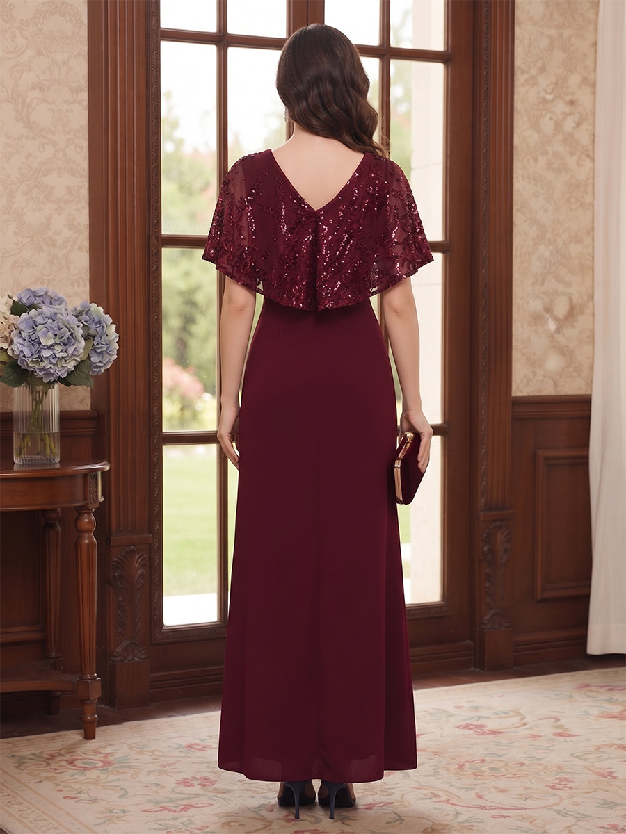 A-Line/Princess V-Neck Short Sleeves Floor-Length Mother of the Bride Dresses with Sequins
