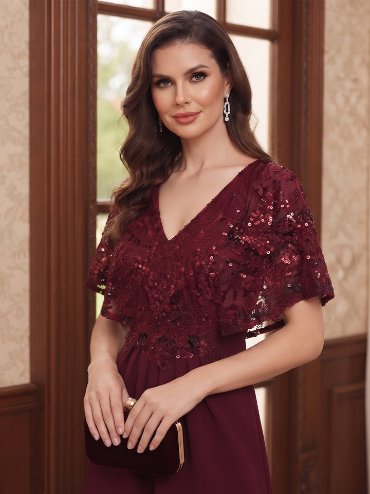 A-Line/Princess V-Neck Short Sleeves Floor-Length Mother of the Bride Dresses with Sequins