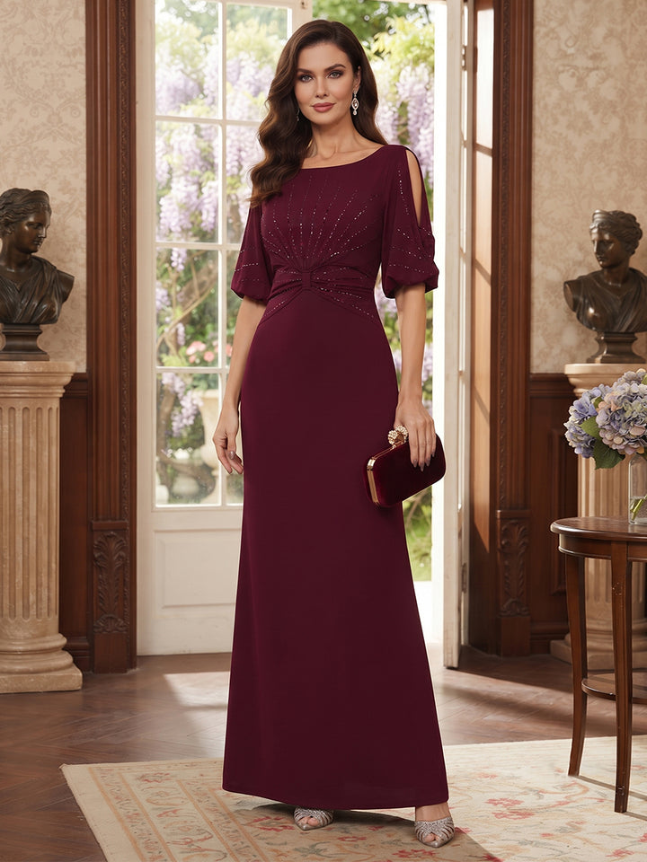 Sheath Column Scoop Half Sleeves Floor-Length Mother of the Bride Dresses with Ruched &amp; Rhinestone