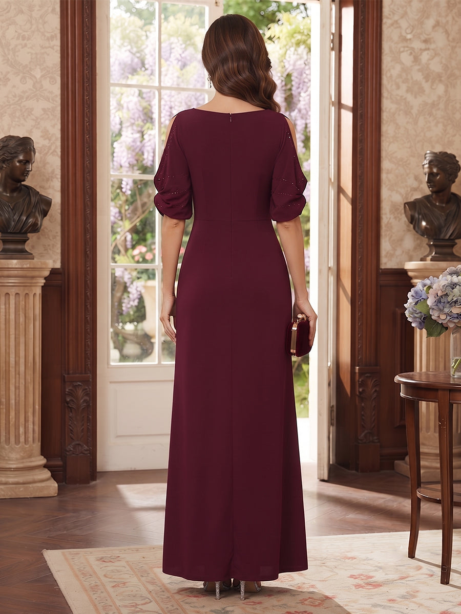 Sheath Column Scoop Half Sleeves Floor-Length Mother of the Bride Dresses with Ruched &amp; Rhinestone