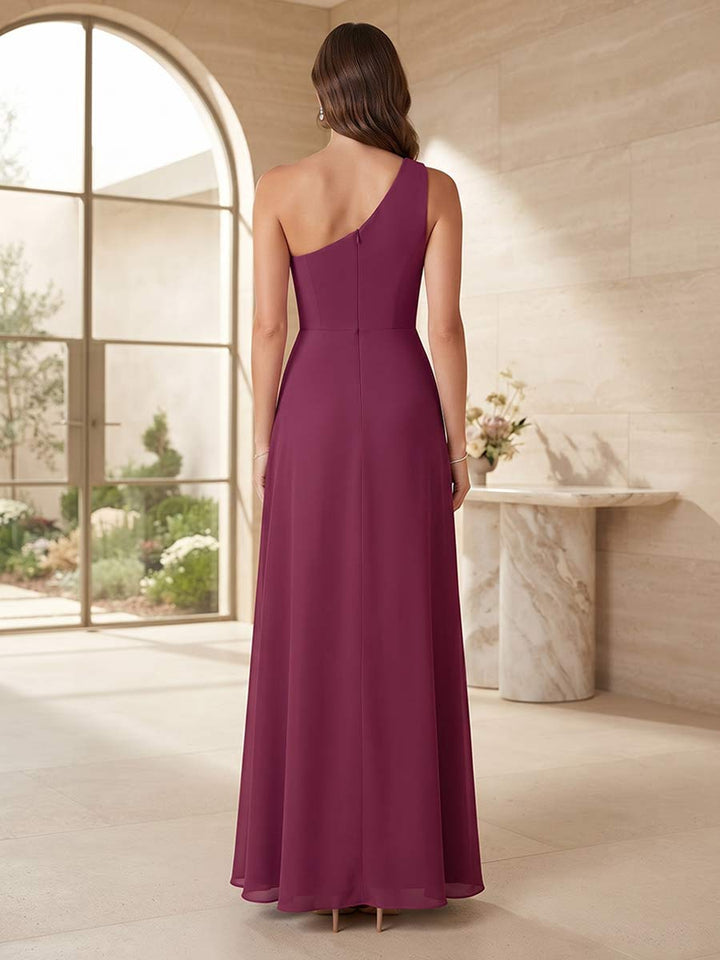 A-Line/Princess One-Shoulder Sleeveless Floor-Length Bridesmaid Dresses with Ruched &amp; Split Side