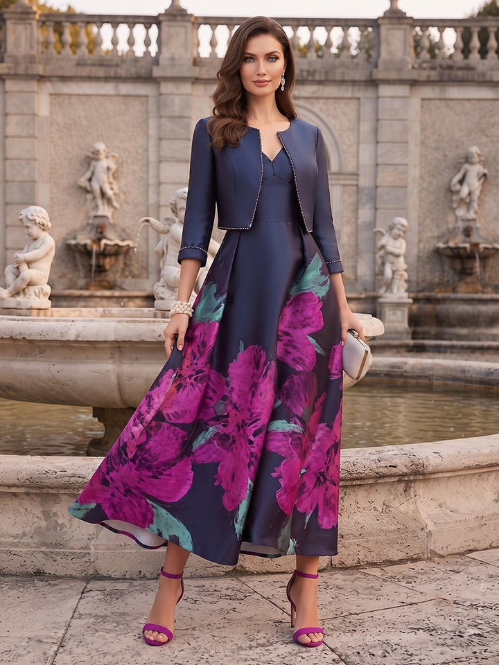 A-Line/Princess Cap Sleeves V-Neck Tea-Length Mother of the Bride with Beading &amp; Jacket