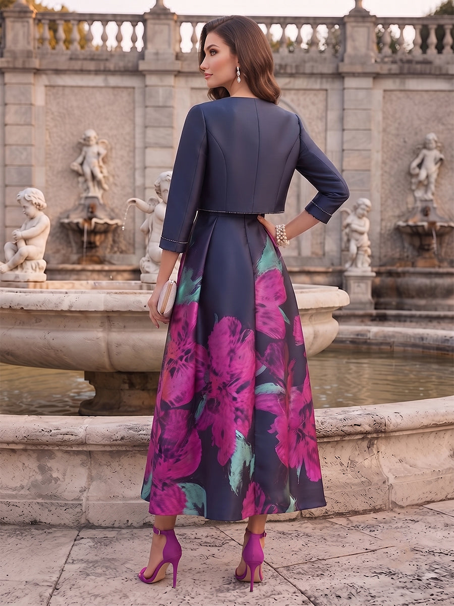 A-Line/Princess Cap Sleeves V-Neck Tea-Length Mother of the Bride with Beading &amp; Jacket