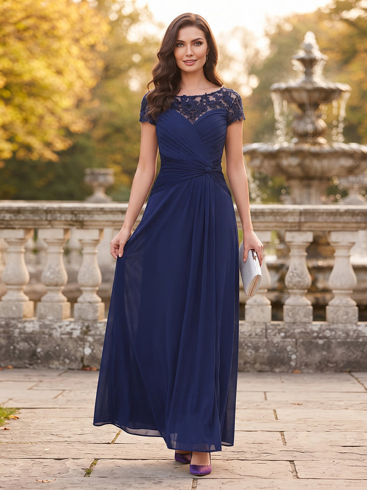 A-Line/Princess Scoop Short Sleeves Floor-Length Mother Of The Bride Dresses With Ruched &amp; Applique