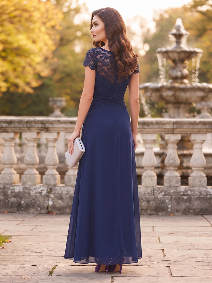 A-Line/Princess Scoop Short Sleeves Floor-Length Mother Of The Bride Dresses With Ruched &amp; Applique