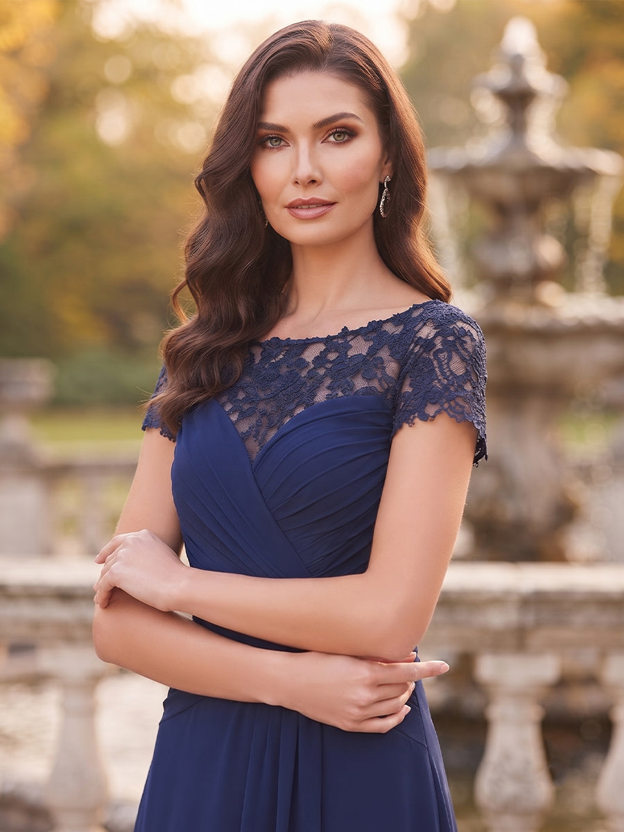 A-Line/Princess Scoop Short Sleeves Floor-Length Mother Of The Bride Dresses With Ruched &amp; Applique