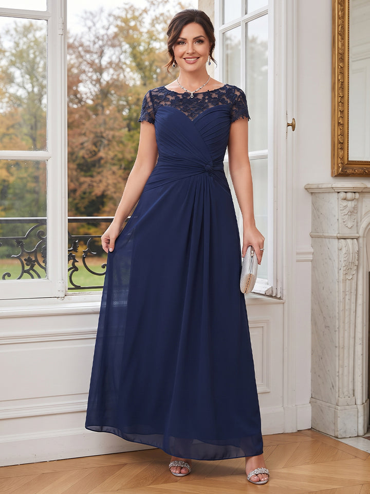 A-Line/Princess Scoop Short Sleeves Floor-Length Plus Size Mother Of The Bride Dresses With Ruched &amp; Applique