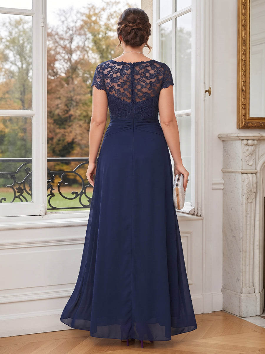 A-Line/Princess Scoop Short Sleeves Floor-Length Plus Size Mother Of The Bride Dresses With Ruched &amp; Applique