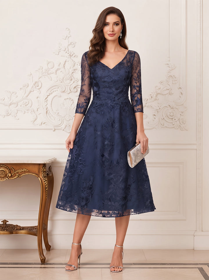 A-Line/Princess 3/4 Sleeves V-Neck Tea-Length Mother Of The Bride Dresses With Lace &amp; Applique