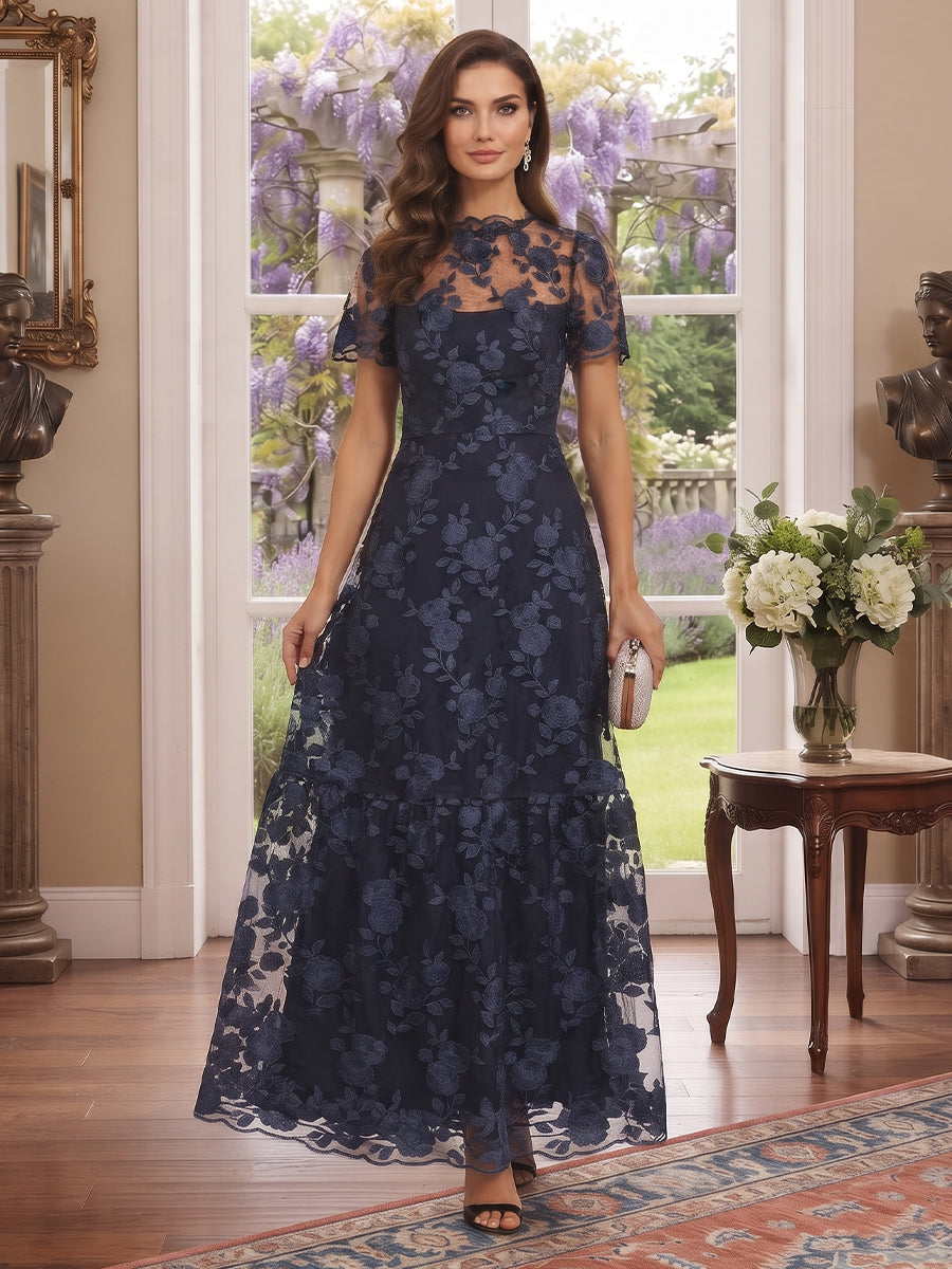 A-Line/Princess Mock Neck Short Sleeves Ankle-Length Mother of the Bride Dresses with Embroidery