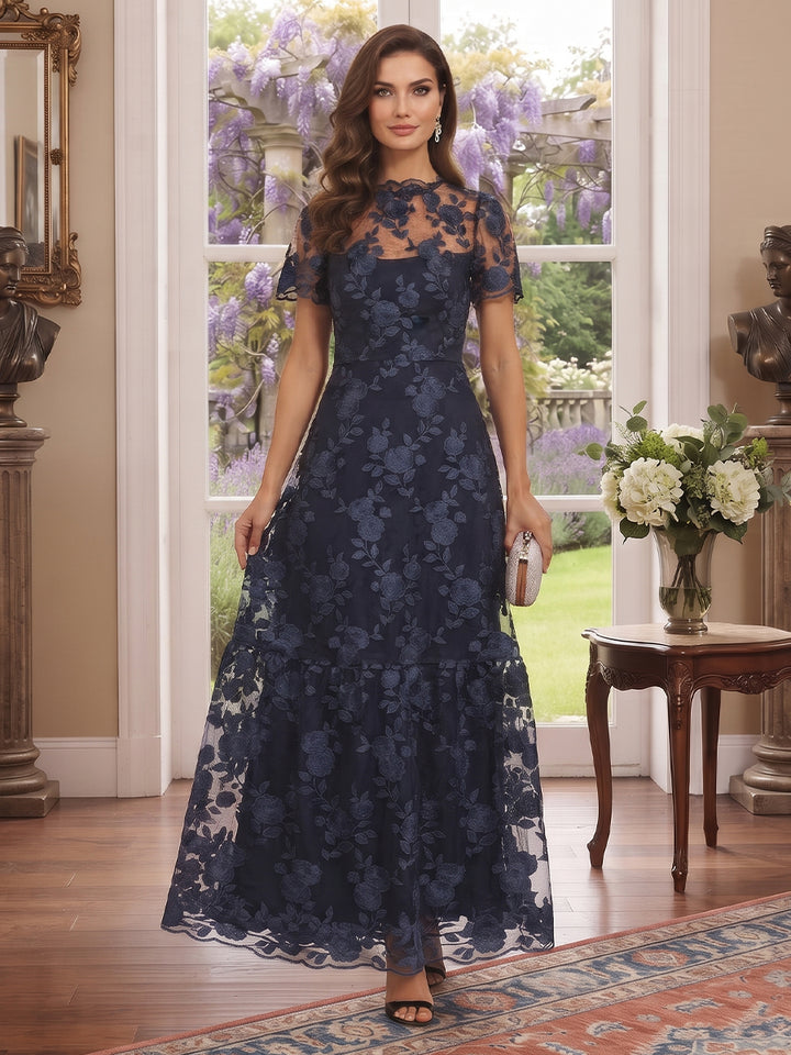 A-Line/Princess Mock Neck Short Sleeves Ankle-Length Mother of the Bride Dresses with Embroidery