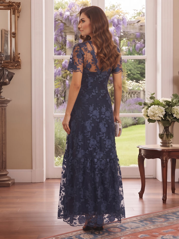 A-Line/Princess Mock Neck Short Sleeves Ankle-Length Mother of the Bride Dresses with Embroidery
