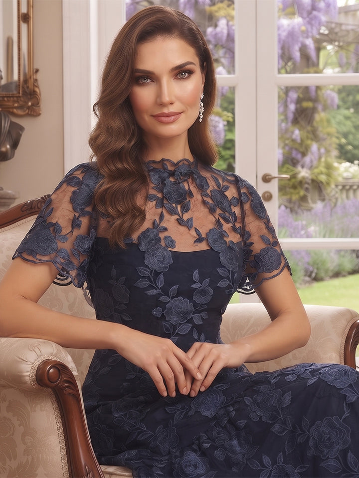 A-Line/Princess Mock Neck Short Sleeves Ankle-Length Mother of the Bride Dresses with Embroidery