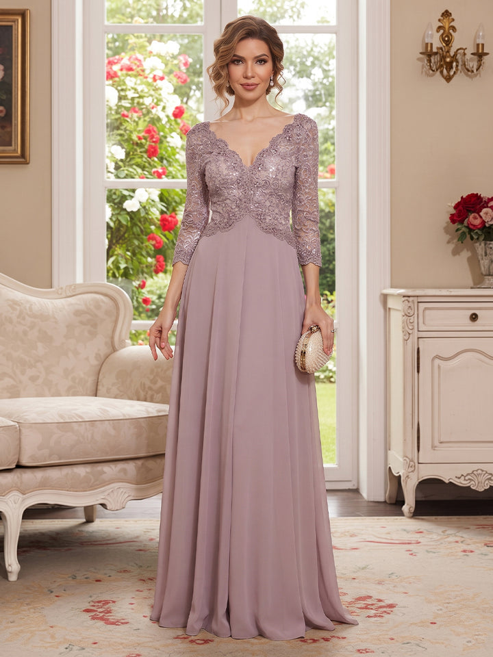 A-Line/Princess V-Neck 3/4 Sleeves Floor-Length Mother of the Bride Dresses with Embroidery