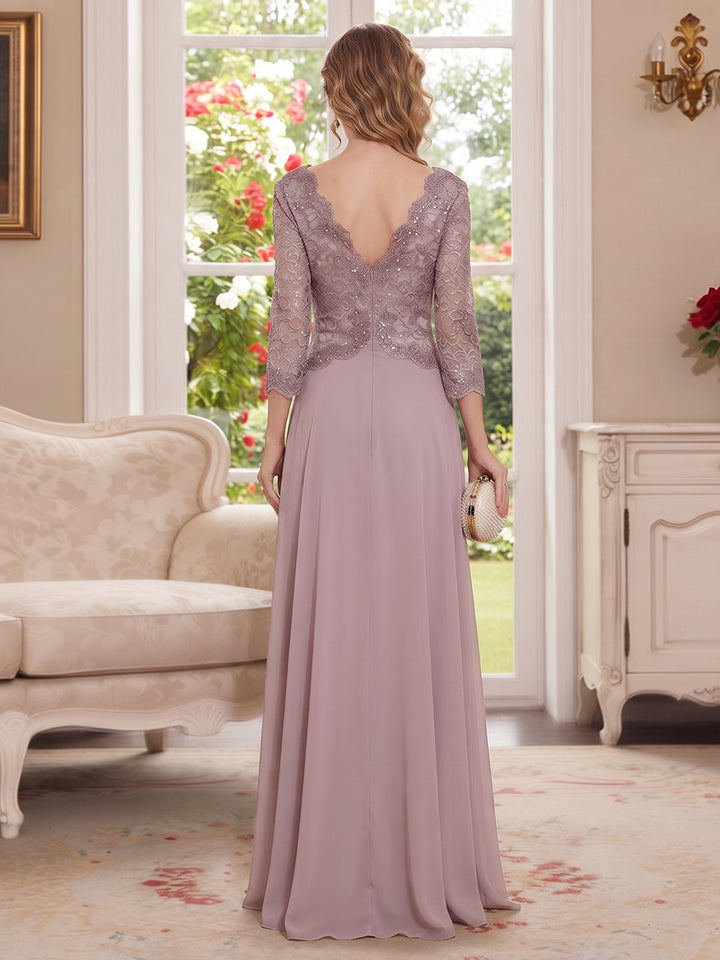 A-Line/Princess V-Neck 3/4 Sleeves Floor-Length Mother of the Bride Dresses with Embroidery
