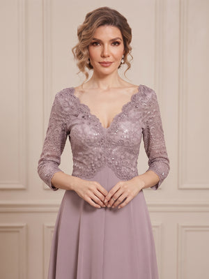 A-Line/Princess V-Neck 3/4 Sleeves Floor-Length Mother of the Bride Dresses with Embroidery