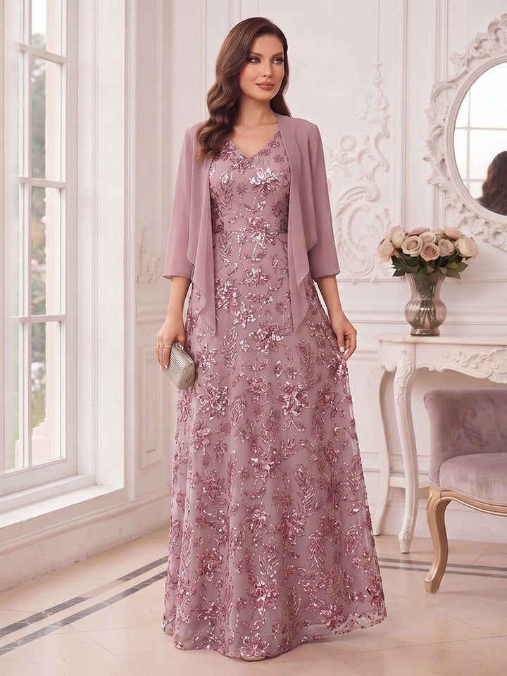 A-Line/Princess V-Neck Sleeveless Floor-Length Mother of the Bride Dresses with Lace &amp; Sequins