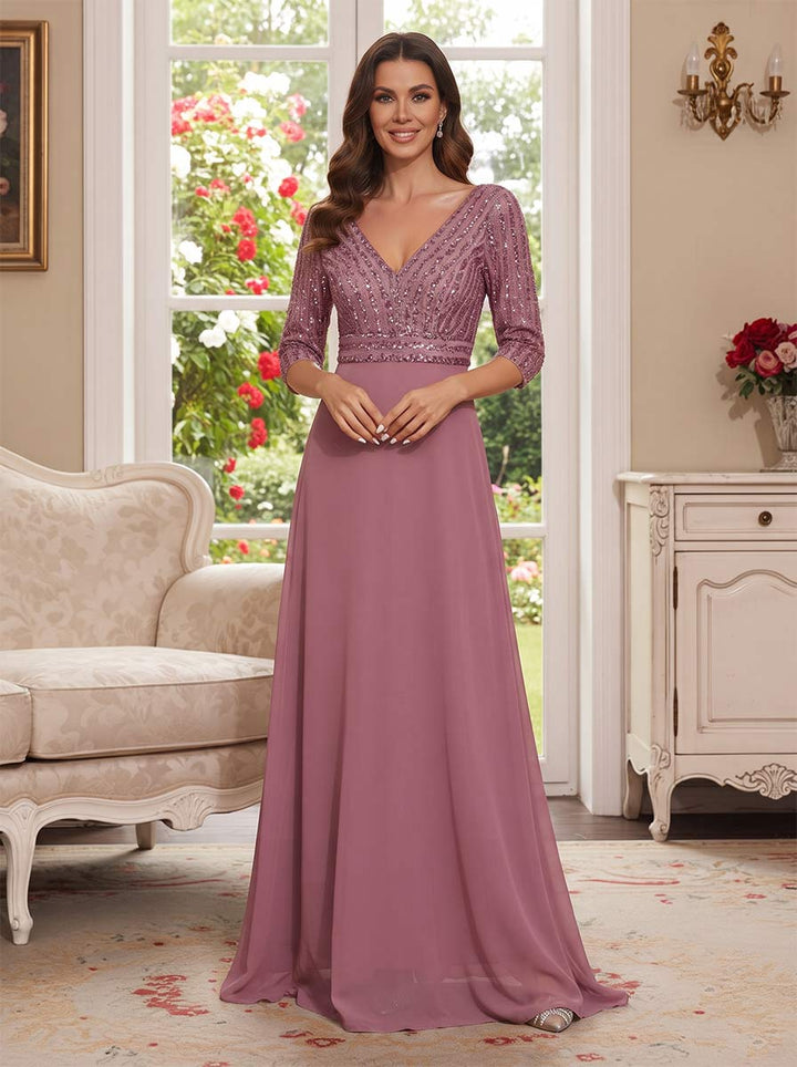 A-Line/Princess V-Neck 3/4 Sleeves Floor-Length Mother of the Bride Dresses with Sequins