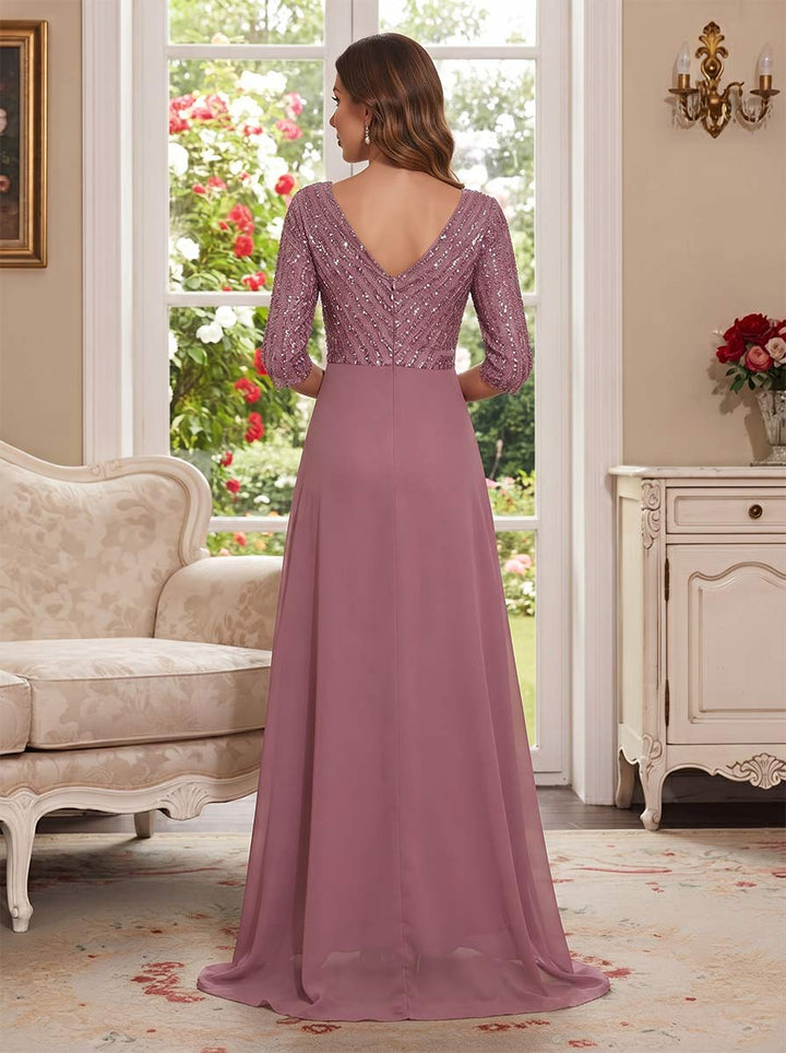A-Line/Princess V-Neck 3/4 Sleeves Floor-Length Mother of the Bride Dresses with Sequins