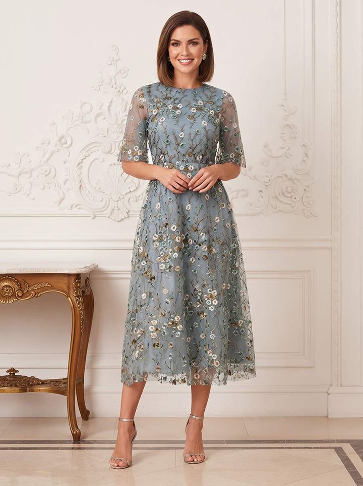 A-Line/Princess Scoop Half Sleeves Tea-Length Mother of the Bride Dresses with Embroidery &amp; Flower