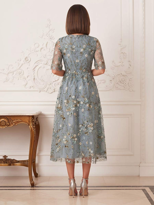 A-Line/Princess Scoop Half Sleeves Tea-Length Mother of the Bride Dresses with Embroidery & Flower