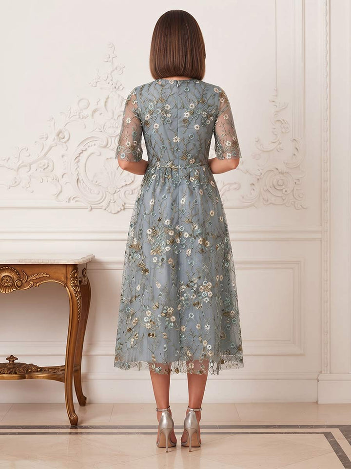 A-Line/Princess Scoop Half Sleeves Tea-Length Mother of the Bride Dresses with Embroidery &amp; Flower