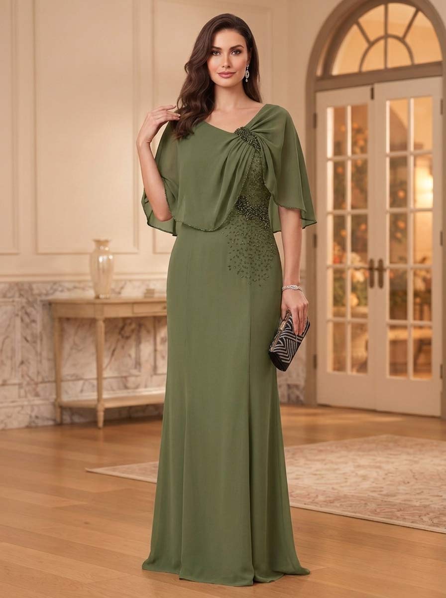 Sheath/Column Scoop Cape Sleeves Floor-Length Mother of the Bride Dresses with Rhinestones & Ruffles