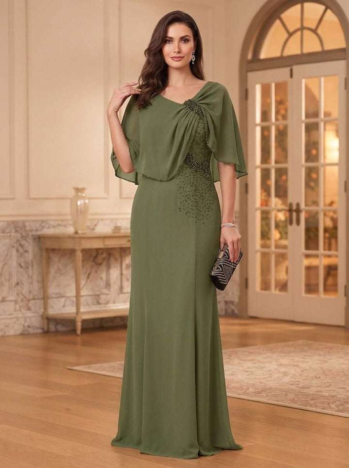 Sheath/Column Scoop Cape Sleeves Floor-Length Mother of the Bride Dresses with Rhinestones &amp; Ruffles