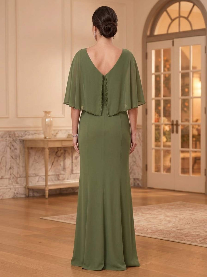 Sheath/Column Scoop Cape Sleeves Floor-Length Mother of the Bride Dresses with Rhinestones &amp; Ruffles
