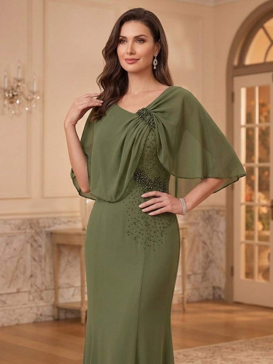 Sheath/Column Scoop Cape Sleeves Floor-Length Mother of the Bride Dresses with Rhinestones &amp; Ruffles