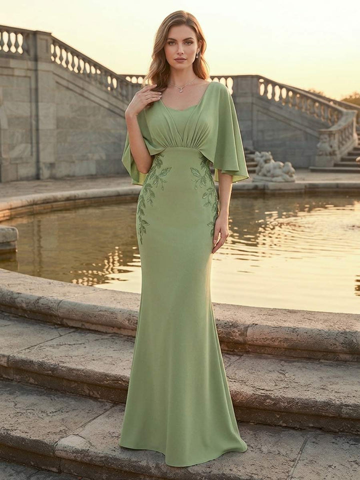 Trumpet/Mermaid Square Neck Cape Sleeves Mother of the Bride Dresses with Ruched &amp; Applique