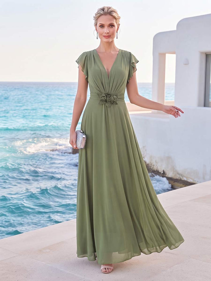 A-Line/Princess Short Sleeves V Neck Floor-Length Mother of the Bride Dresses with 3D Floral &amp; Ruffles