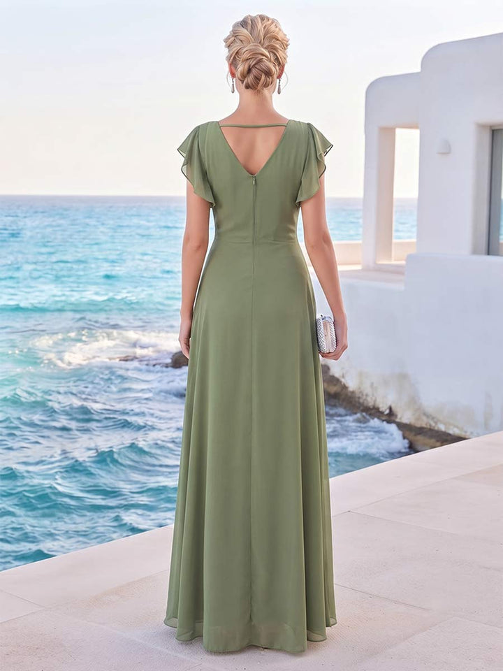 A-Line/Princess Short Sleeves V Neck Floor-Length Mother of the Bride Dresses with 3D Floral &amp; Ruffles