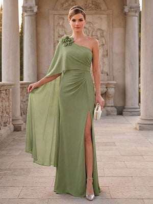 Sheath/Column One Shoulder Asymmetrical Floor-length Mother of the Bride Dresses with Split Side & 3D Floral