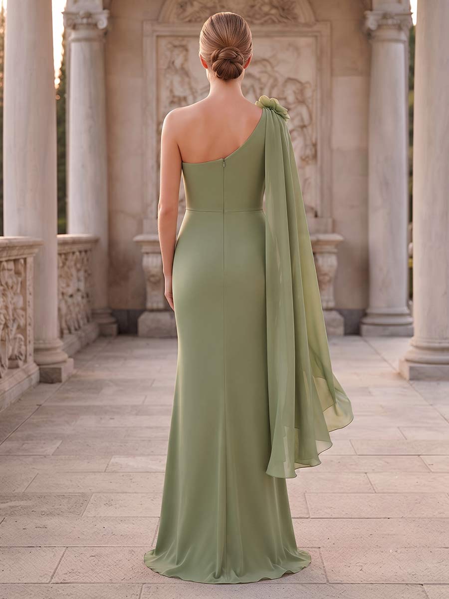 Sheath/Column One Shoulder Asymmetrical Floor-length Mother of the Bride Dresses with Split Side &amp; 3D Floral