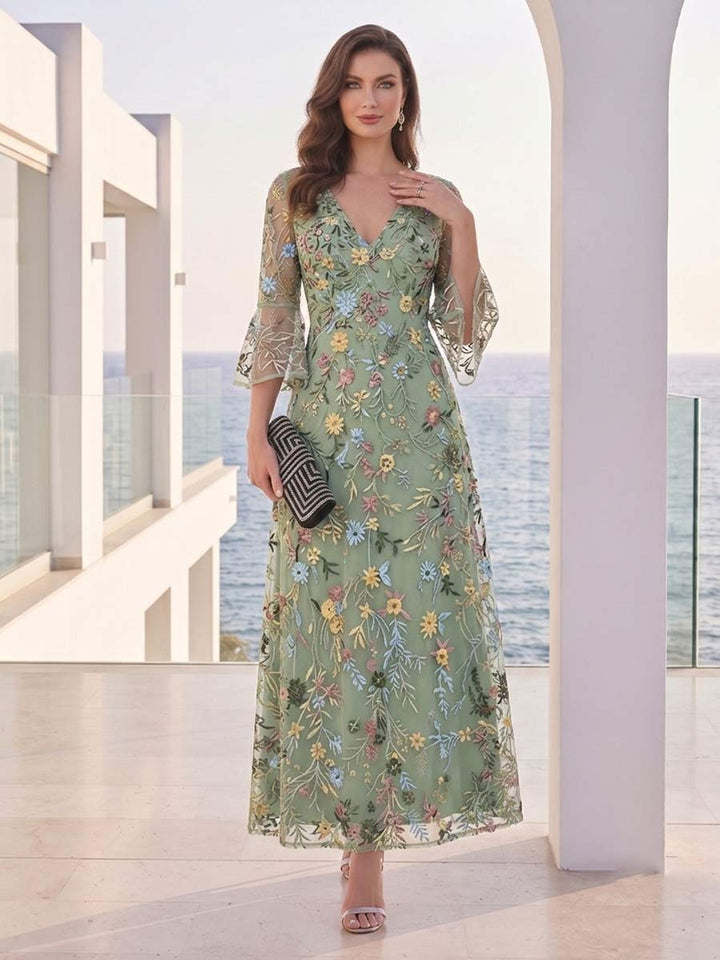 A-Line/Princess V-Neck 3/4 Sleeves Ankle-Length Mother of the Bride Dresses with Embroidery &amp;  Flower