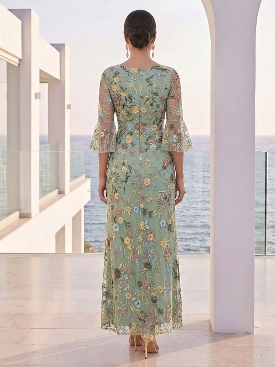 A-Line/Princess V-Neck 3/4 Sleeves Ankle-Length Mother of the Bride Dresses with Embroidery &amp;  Flower