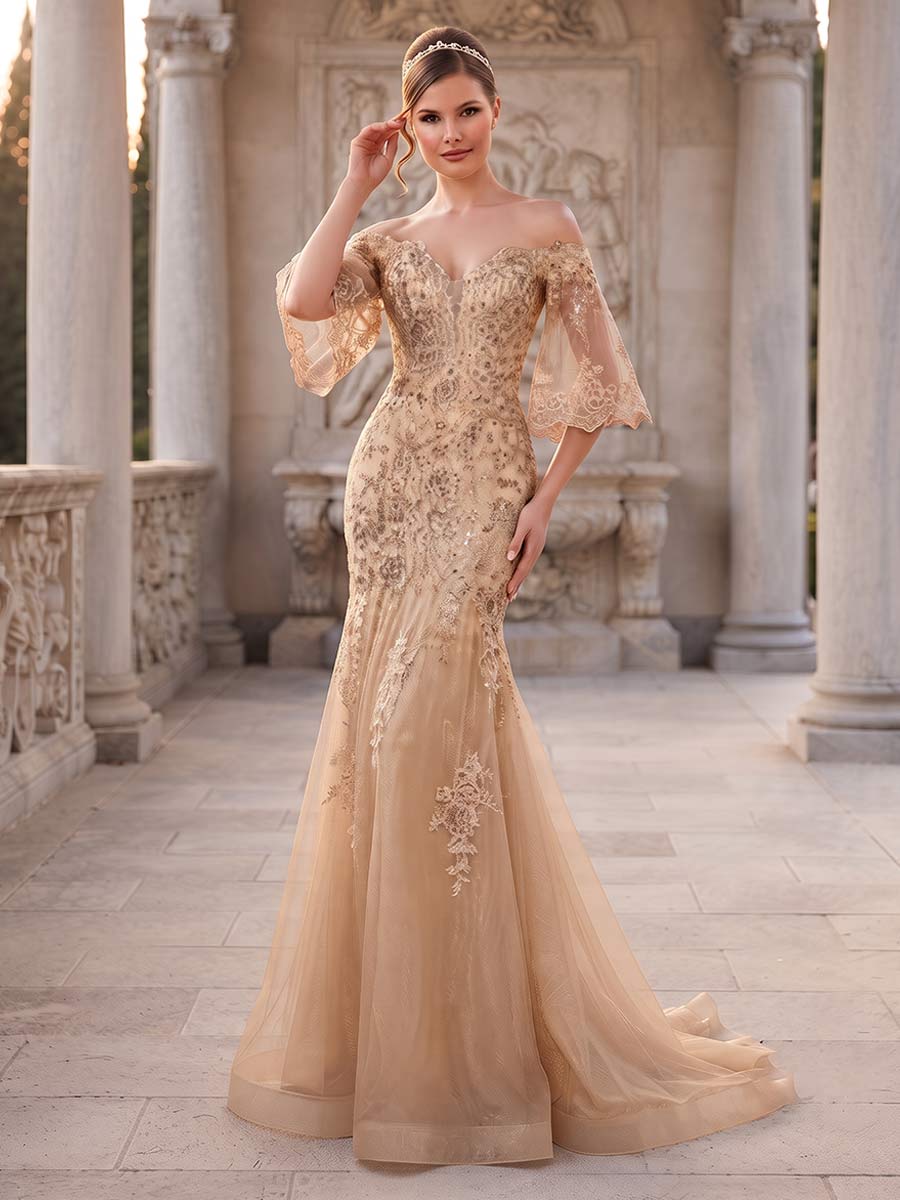 Trumpet/Mermaid Off-the-Shoulder 3/4 Sleeves Floor-Length Formal Dresses With Embroidery & Lace