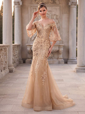Trumpet/Mermaid Off-the-Shoulder 3/4 Sleeves Floor-Length Formal Dresses With Embroidery & Lace