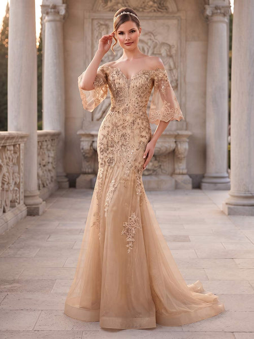Trumpet/Mermaid Off-the-Shoulder 3/4 Sleeves Floor-Length Formal Dresses With Embroidery & Lace