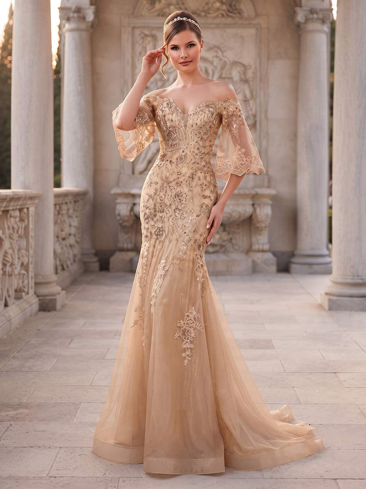 Trumpet/Mermaid Off-the-Shoulder 3/4 Sleeves Floor-Length Formal Dresses With Embroidery &amp; Lace