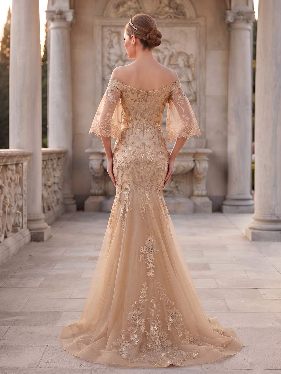 Trumpet/Mermaid Off-the-Shoulder 3/4 Sleeves Floor-Length Formal Dresses With Embroidery &amp; Lace