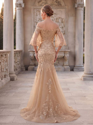 Trumpet/Mermaid Off-the-Shoulder 3/4 Sleeves Floor-Length Formal Dresses With Embroidery & Lace
