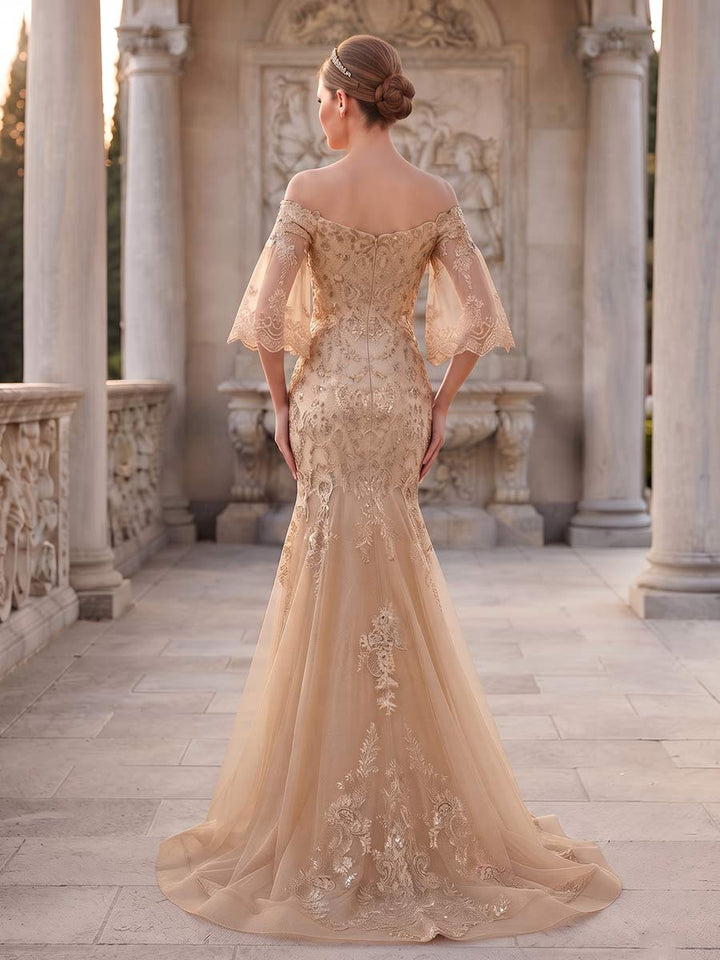 Trumpet/Mermaid Off-the-Shoulder 3/4 Sleeves Floor-Length Formal Dresses With Embroidery &amp; Lace