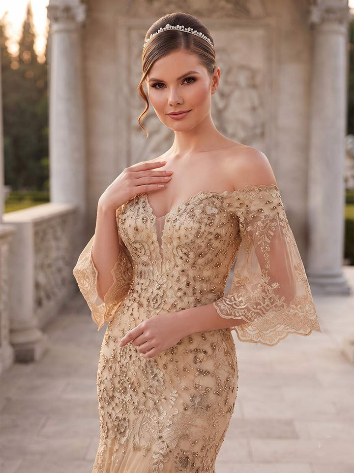 Trumpet/Mermaid Off-the-Shoulder 3/4 Sleeves Floor-Length Formal Dresses With Embroidery &amp; Lace