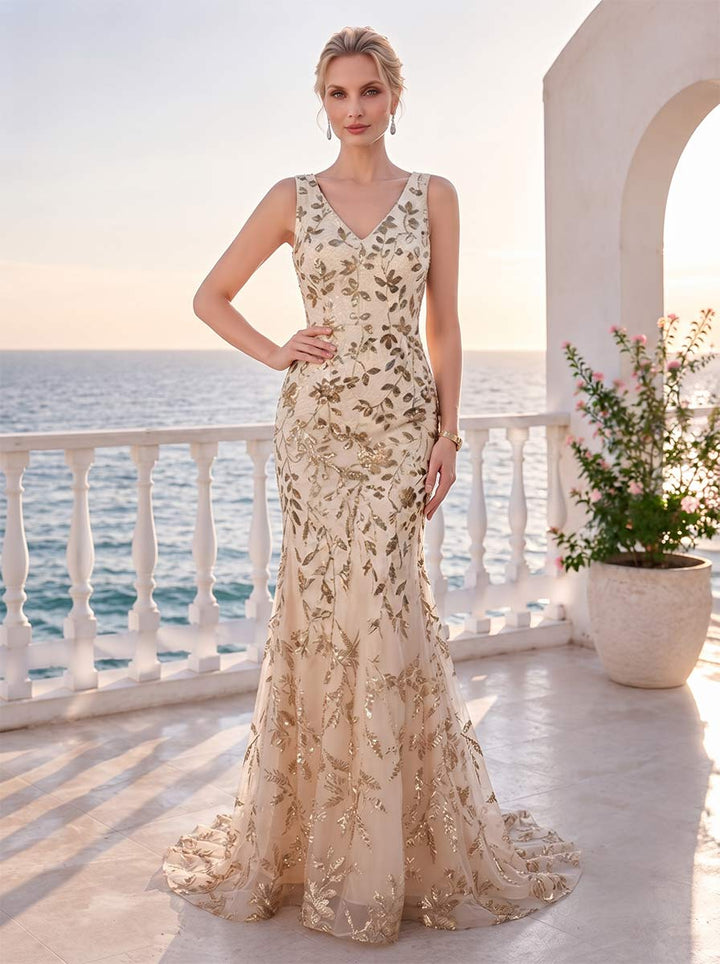Trumpet/Mermaid V-Neck Sleeveless Floor-Length Formal Dresses With Sequins